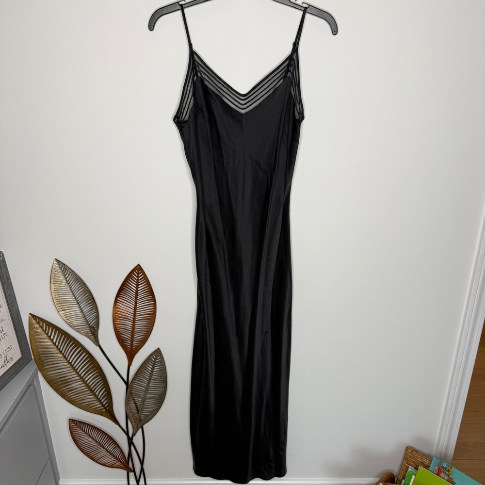 Victoria's Secret Silk Slip Dress Black Mesh V-Neck Midi Nightgown Womens Medium